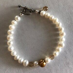 Vintage Bronze White Pearl Swarovski Crystal Sterling Silver Bracelet 7.5 Inch